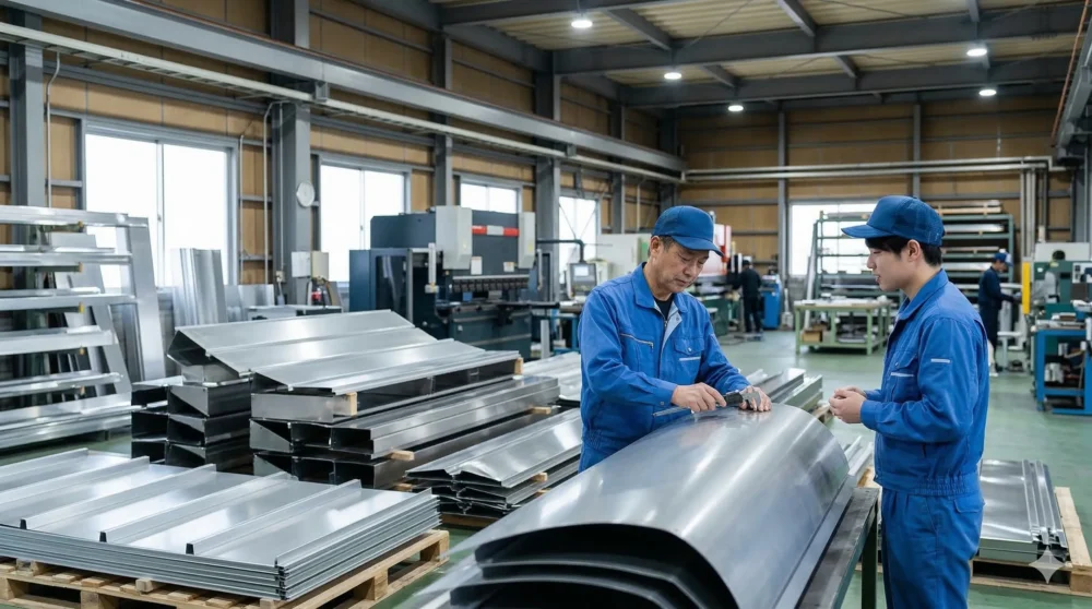 金属建材工場の品質検査。M&Aや会社売却で、熟練の技術と信頼できる事業を次世代へ引き継ぐイメージ。