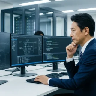 金融機関向けシステム開発業界のM&A・会社売却で、高度な技術力を承継するイメージを表現したオフィスでの開発風景