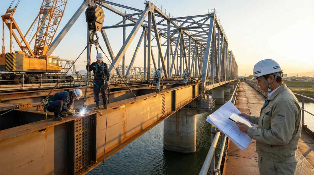 橋梁建設現場で図面を確認する技術者。鋼構造物工事の事業承継とM&Aを象徴する写真。