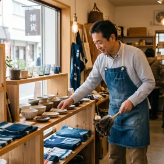 温かみのある雑貨店で商品の手入れをするオーナー経営者。雑貨店のM&A・会社売却による事業承継のイメージ。