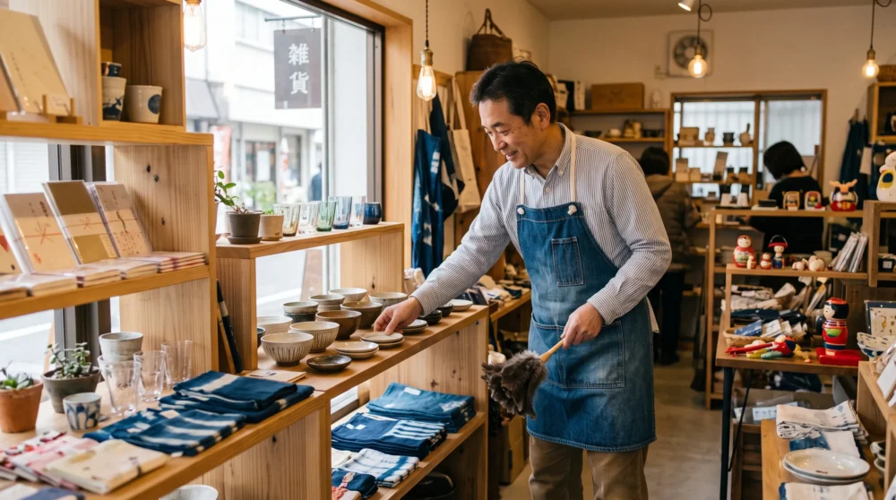 温かみのある雑貨店で商品の手入れをするオーナー経営者。雑貨店のM&A・会社売却による事業承継のイメージ。