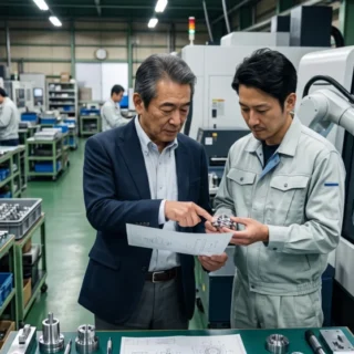電機・機械業界のM&A・会社売却で、熟練の技術と経営を次世代へ引き継ぐ様子を表現する、工場内で図面を確認する経営者と従業員の写真。