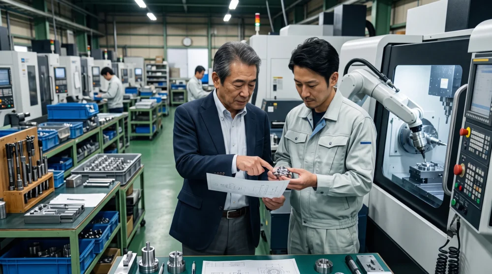 電機・機械業界のM&A・会社売却で、熟練の技術と経営を次世代へ引き継ぐ様子を表現する、工場内で図面を確認する経営者と従業員の写真。