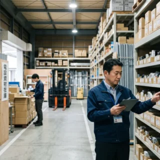 電設資材卸のM&A・会社売却を検討するオーナー経営者に向けた、倉庫内で在庫状況を確認する経営者のイメージ写真。