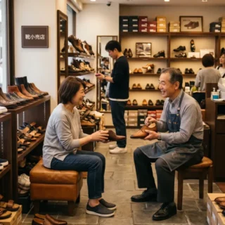 靴小売業のM&A・会社売却を検討するオーナー様へ。地域に根差した店舗と従業員、顧客を引き継ぐ事業承継をイメージした、活気ある靴専門店の接客風景。