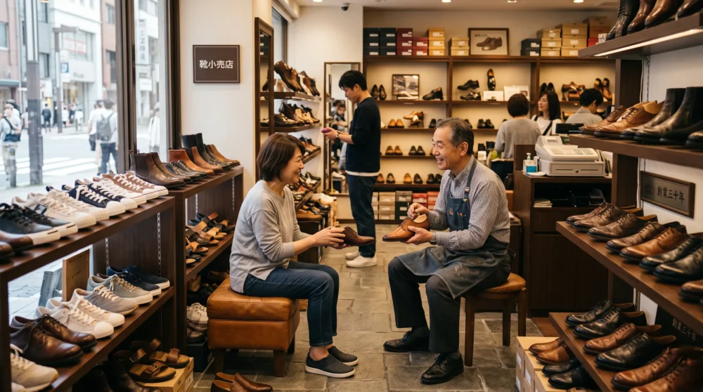 靴小売業のM&A・会社売却を検討するオーナー様へ。地域に根差した店舗と従業員、顧客を引き継ぐ事業承継をイメージした、活気ある靴専門店の接客風景。