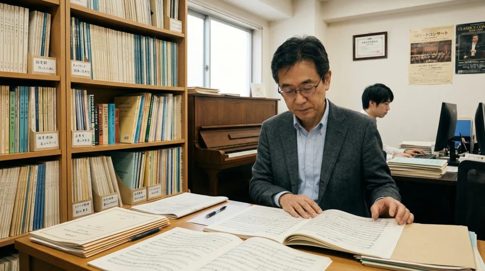 音楽出版社のM&A・会社売却を検討する経営者が、オフィスで楽譜や著作権資料を確認する様子。事業承継のイメージ。