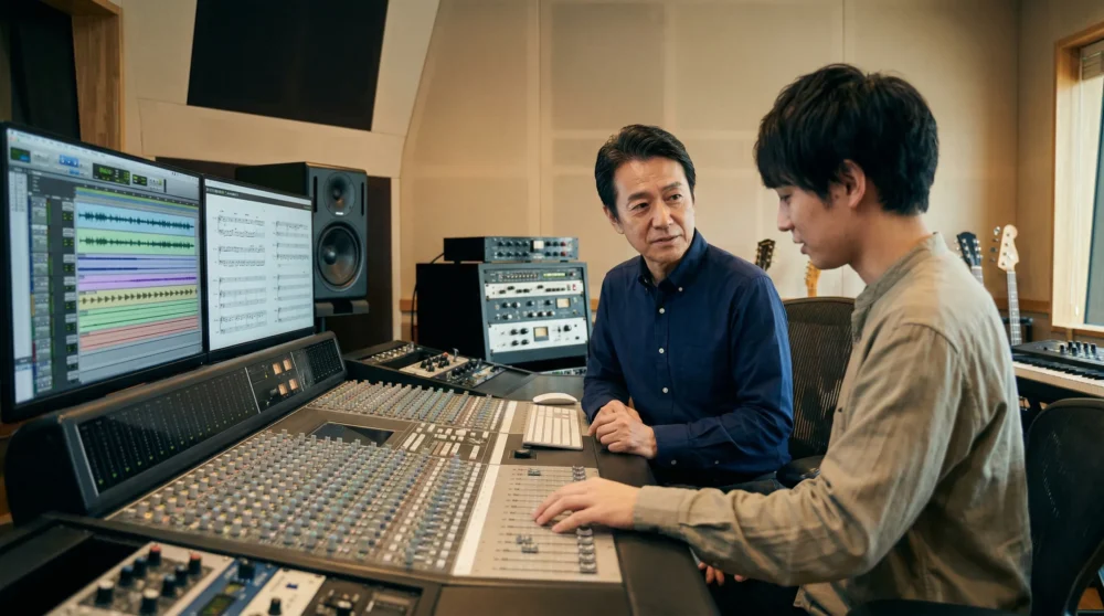 音楽制作会社のレコーディングスタジオで、M&Aや会社売却を検討する経営者が機材と向き合う様子。