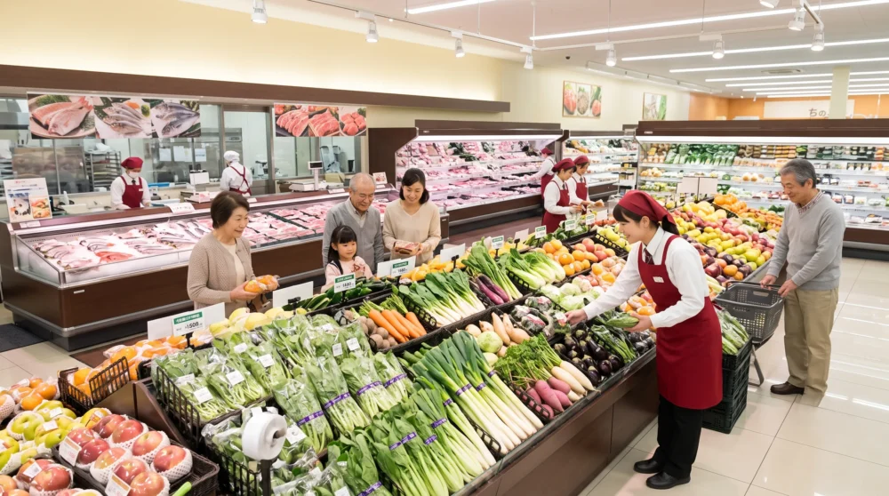活気ある食品スーパーの売り場で、生鮮食品と買い物を楽しむ客。会社売却とM&Aによる事業承継のイメージ。