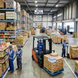 食品・生活用品卸売業のM&Aや会社売却で、倉庫の物流体制や従業員を次世代へと引き継ぐ事業承継をイメージした写真。