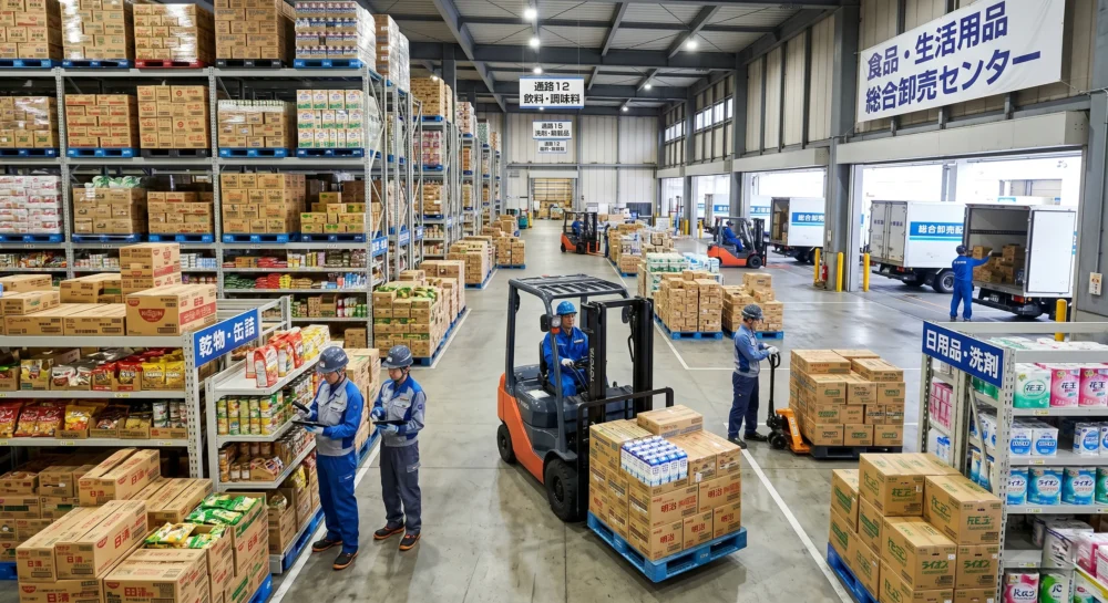 食品・生活用品卸売業のM&Aや会社売却で、倉庫の物流体制や従業員を次世代へと引き継ぐ事業承継をイメージした写真。