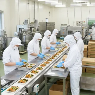 食品加工業のM&Aと会社売却において、清潔な工場で従業員が働く姿と活気ある生産ラインの様子を表す写真。
