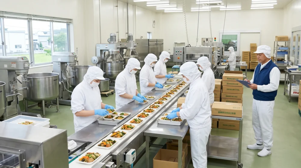 食品加工業のM&Aと会社売却において、清潔な工場で従業員が働く姿と活気ある生産ラインの様子を表す写真。