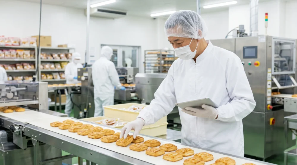 食品製造業の工場で品質検査を行う様子。M&Aや会社売却による円滑な事業承継を目指す中小企業オーナー経営者に向けたイメージ。