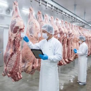 食肉卸・畜業のM&Aや会社売却を検討する経営者に向けた、清潔な冷蔵倉庫で衛生服を着て枝肉を確認するプロの現場の写真