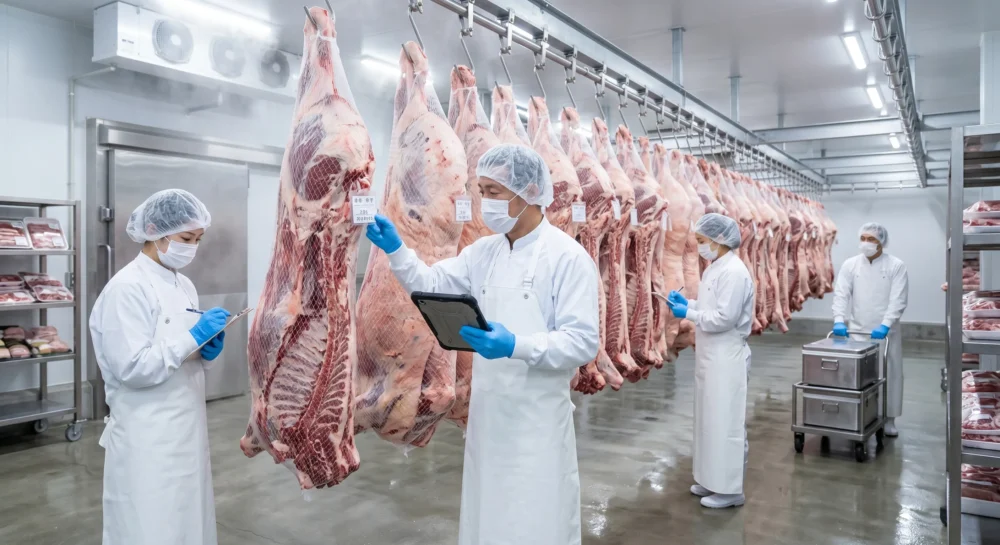 食肉卸・畜業のM&Aや会社売却を検討する経営者に向けた、清潔な冷蔵倉庫で衛生服を着て枝肉を確認するプロの現場の写真