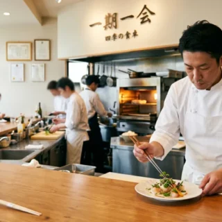 飲食業のM&Aや会社売却を検討する経営者のための、厨房で調理師が料理を仕上げる清潔感のあるカウンター店舗の写真
