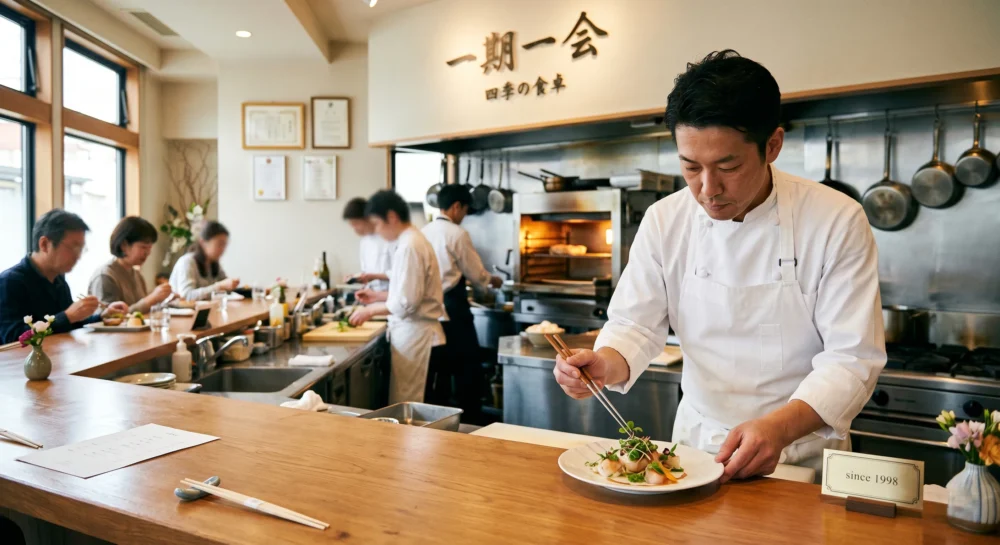 飲食業のM&Aや会社売却を検討する経営者のための、厨房で調理師が料理を仕上げる清潔感のあるカウンター店舗の写真