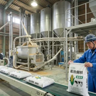飼料製造業のM&A・会社売却を検討する経営者に向けた、大型サイロやミキサーが稼働する飼料工場の製造ラインの写真