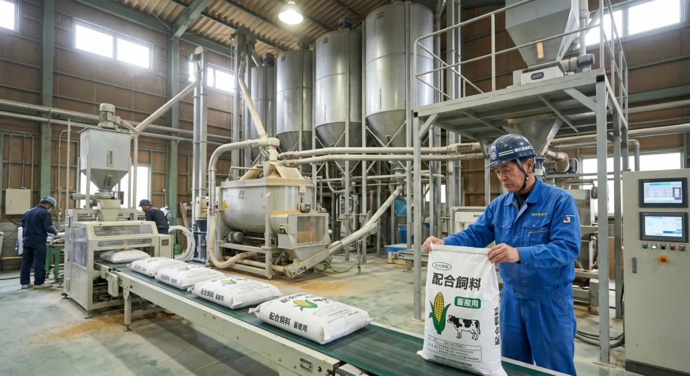 飼料製造業のM&A・会社売却を検討する経営者に向けた、大型サイロやミキサーが稼働する飼料工場の製造ラインの写真