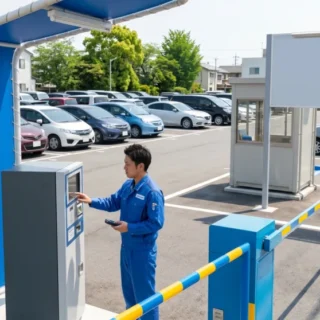 駐車場運営会社のM&A・会社売却に向けて、整然と管理された駐車場とスタッフを捉えた実写写真。