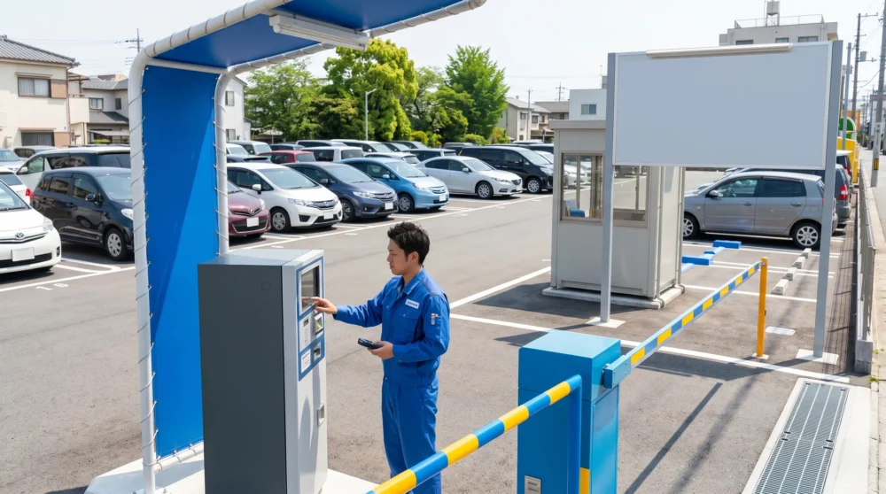 駐車場運営会社のM&A・会社売却に向けて、整然と管理された駐車場とスタッフを捉えた実写写真。