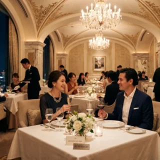 高級レストランのM&Aや会社売却を象徴する、夜景の見える洗練された店内で乾杯する男女の写真