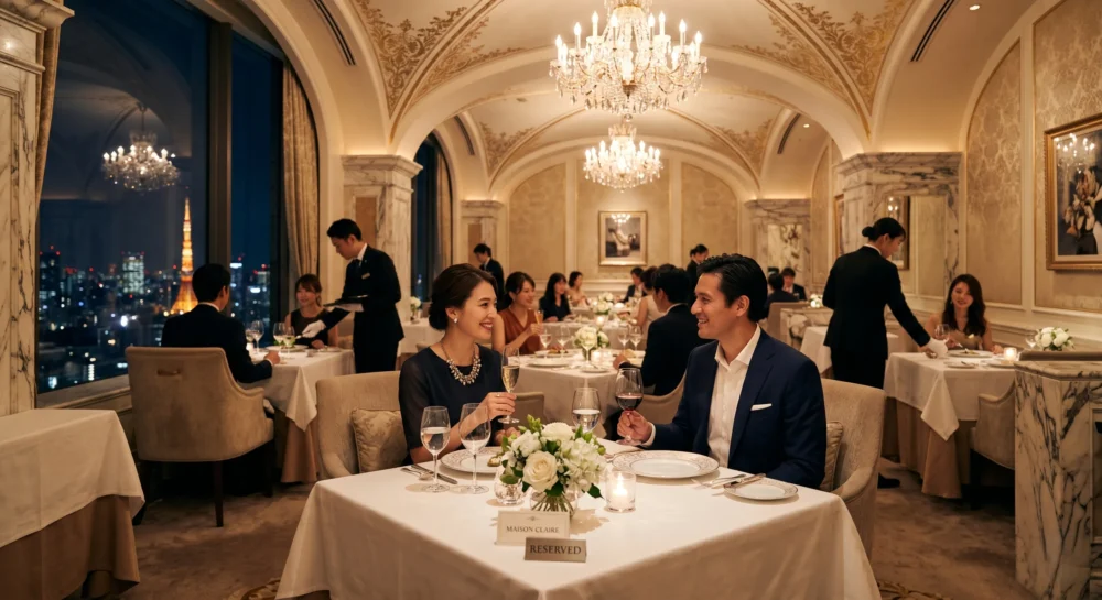 高級レストランのM&Aや会社売却を象徴する、夜景の見える洗練された店内で乾杯する男女の写真