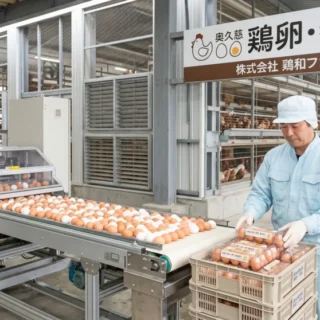 鶏卵・養鶏業のM&Aや会社売却に向け、清潔な養鶏場で集卵機から卵パックへ新鮮な卵が運ばれる様子の写真