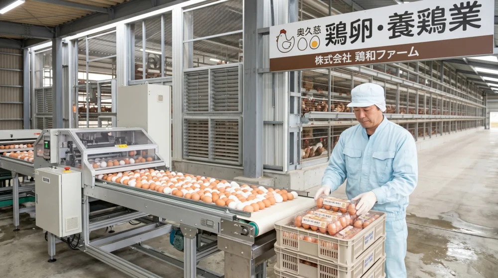 鶏卵・養鶏業のM&Aや会社売却に向け、清潔な養鶏場で集卵機から卵パックへ新鮮な卵が運ばれる様子の写真
