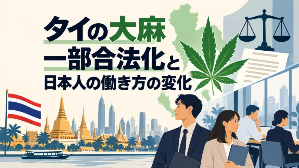 タイの大麻一部合法化と日本人の働き方の変化を、法制度と就業を示す2D図解で表現したアイキャッチ