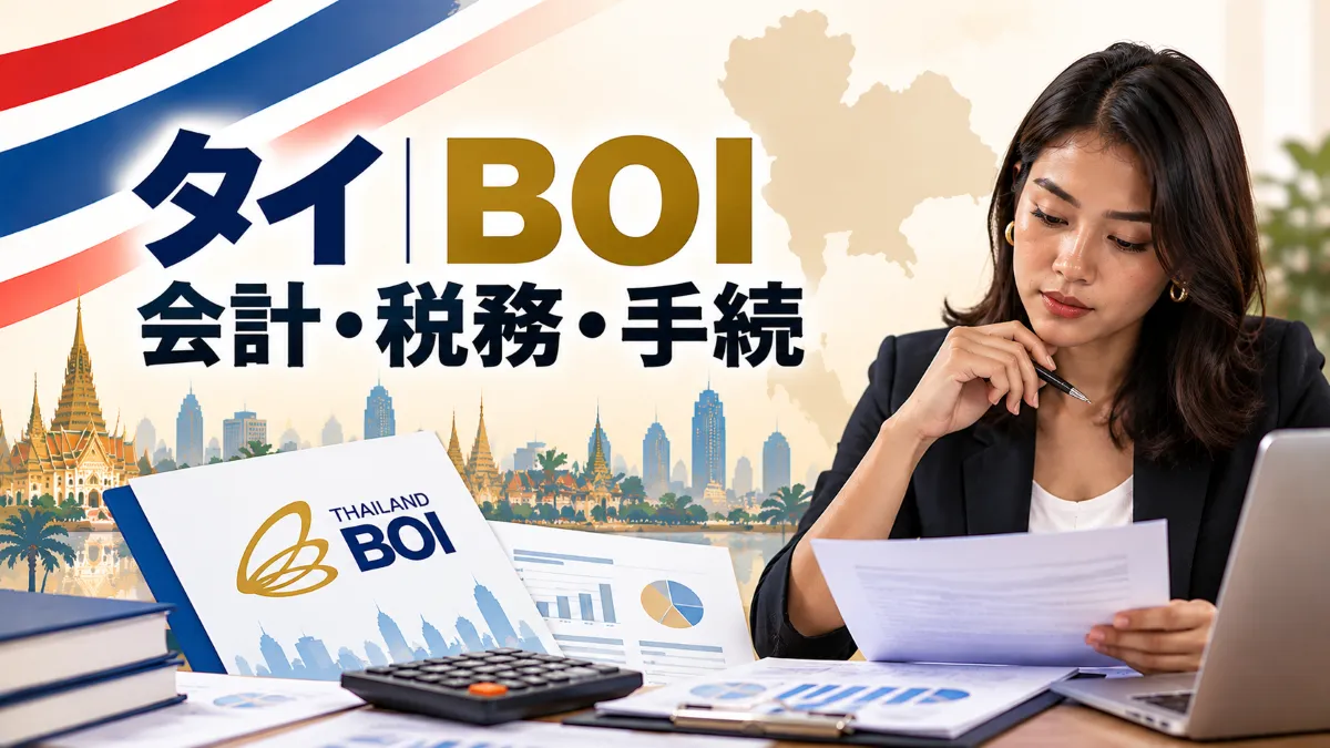 タイBOI取得企業の会計・税務・手続上の留意点を、タイ人女性と決算書類・電卓で表現したアイキャッチ