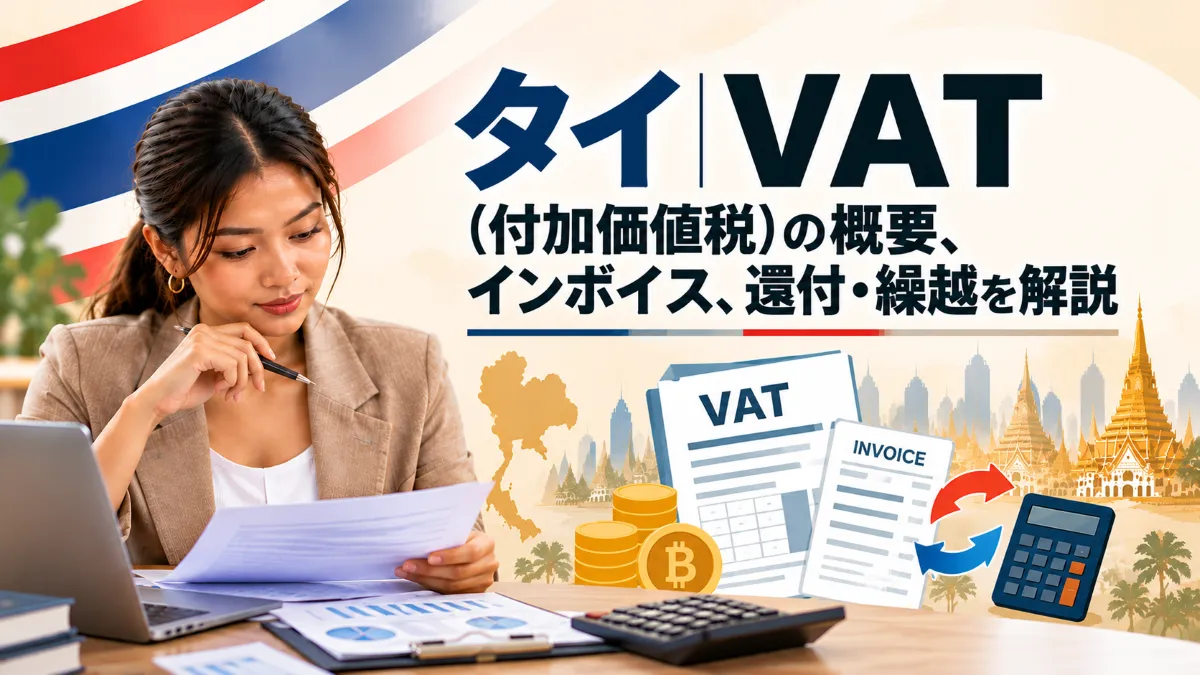 タイのVATについて、インボイスや還付・繰越の仕組みをタイ人女性と会計書類・電卓で表現したアイキャッチ