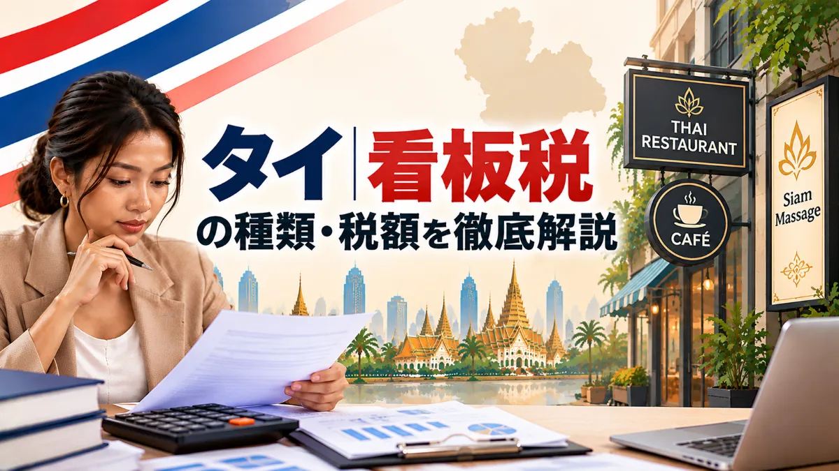 タイの看板税の種類と税額を、タイ人女性と店舗看板・電卓・都市景観で表現した会計税務アイキャッチ