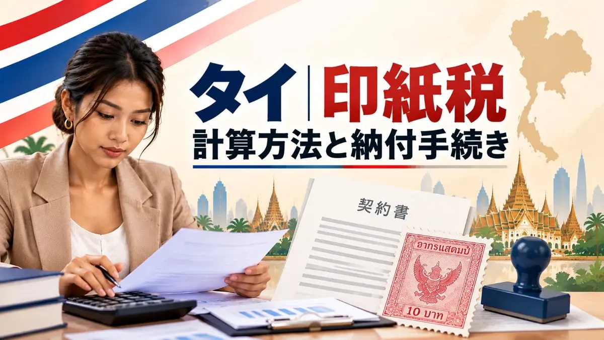 タイの印紙税の計算方法と納付手続きを、タイ人女性と契約書・印紙モチーフで表現した会計税務アイキャッチ