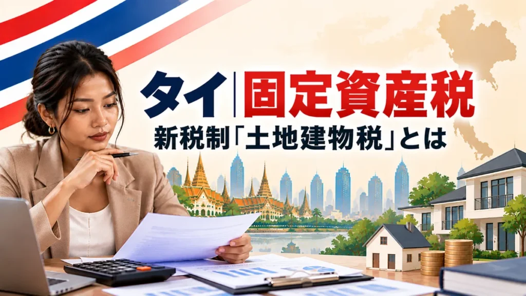 タイの固定資産税と新税制の土地建物税を、タイ人女性と住宅・会計資料で表現した会計税務アイキャッチ