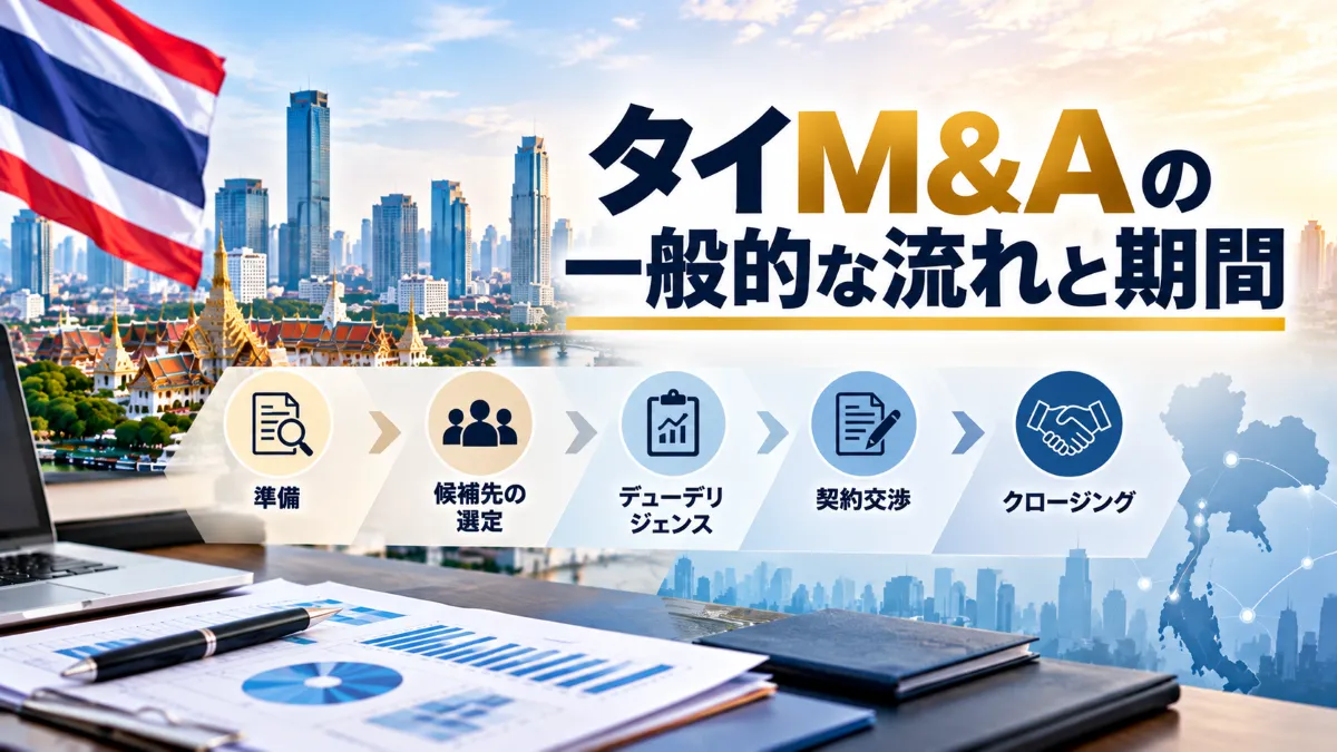 バンコクの都市景観と企業分析資料を背景に、書類・調査・完了の3工程でタイM&Aの流れと期間を表した画像