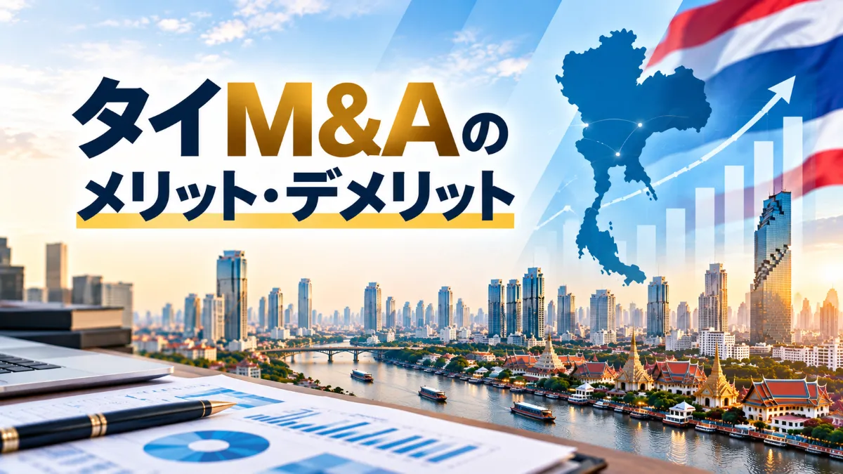 タイ国旗と国土図、バンコクの都市景観と企業分析資料を背景に、タイM&Aのメリット・デメリットを示した画像