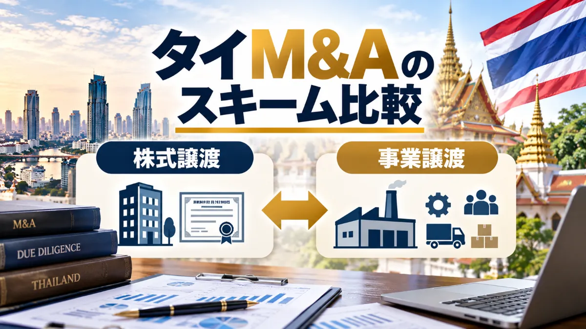 タイM&Aの株式譲渡と事業譲渡のスキーム比較を、工場の建物全景と製造ラインの対比で表現したアイキャッチ画像