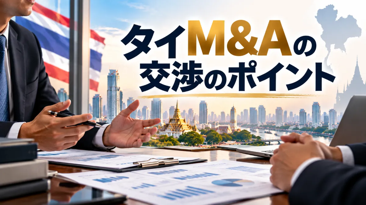 タイM&A交渉における価格・契約条件・商慣習の論点を、財務資料を挟んで協議する担当者の手元で示した画像