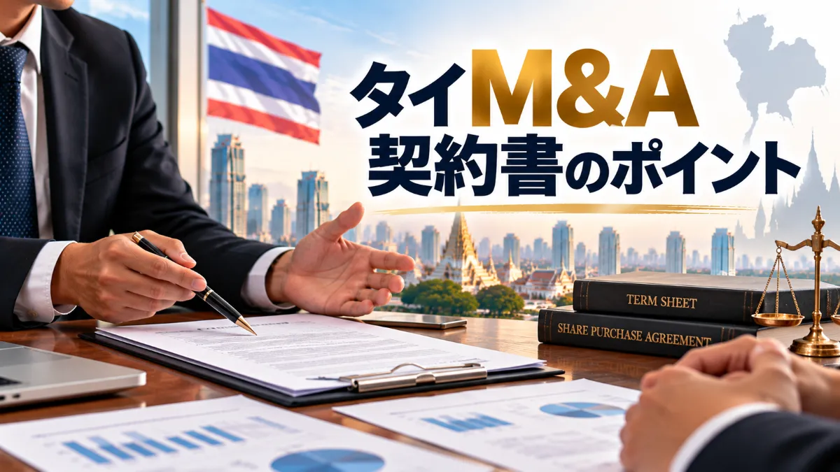 タイM&A契約書の基本合意と株式譲渡を主題に、契約書を確認する手元とタイの都市景観を配したアイキャッチ画像