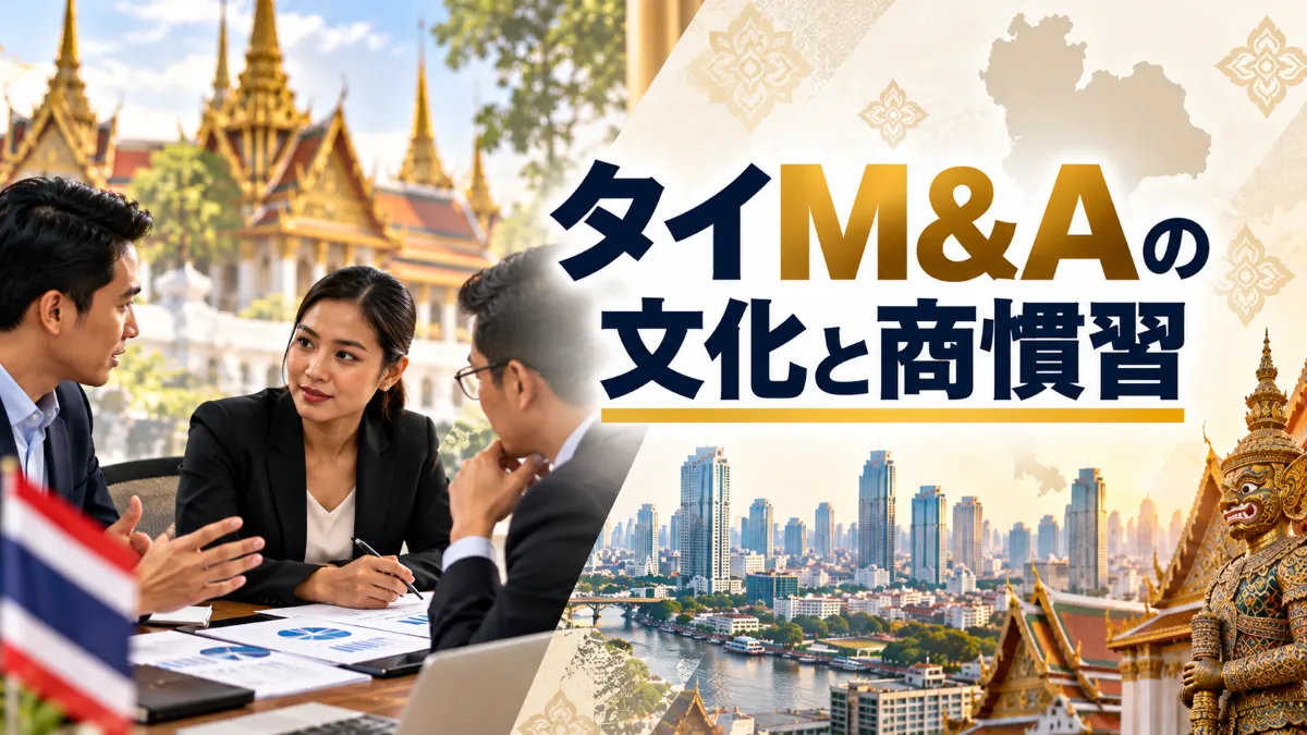タイのビジネス会議で関係者が資料を見ながら話し合う場面と、タイM&Aの文化差・商慣習や異文化対応を示す画像