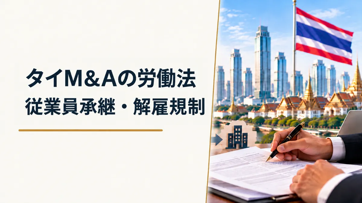 タイM&Aの労働法と従業員承継・解雇規制を、契約書を確認する担当者の手元とタイ国旗、現地の街並みで表現した画像