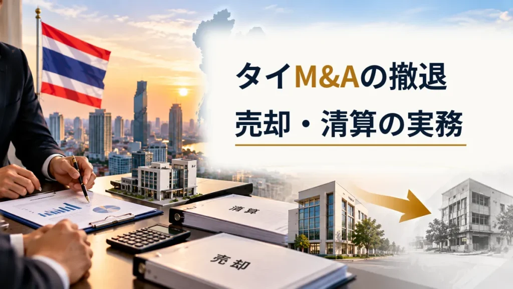 バンコクの街並みと現地法人の建物、売却・清算資料を背景に、タイM&Aによる撤退と現地法人の売却・清算実務を示した画像