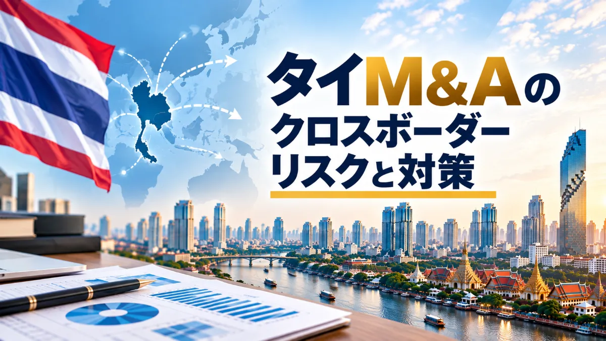 バンコクの高層ビルと川沿いの都市景観、企業分析資料を背景に、タイのクロスボーダーM&Aのリスクと対策を示した画像