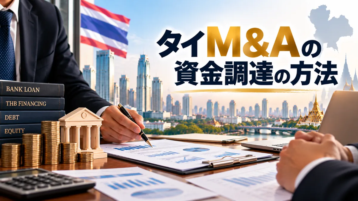 タイM&Aにおける資金調達の方法を、銀行の模型や財務資料を確認する担当者とバンコクの都市景観で表現した画像