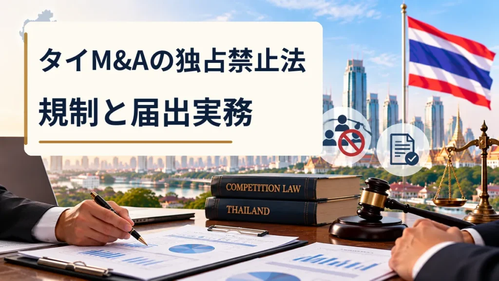 タイM&Aの独占禁止法(競争法)に関する規制と届出実務を、審査書類や天秤、バンコクの都市景観で表現した画像