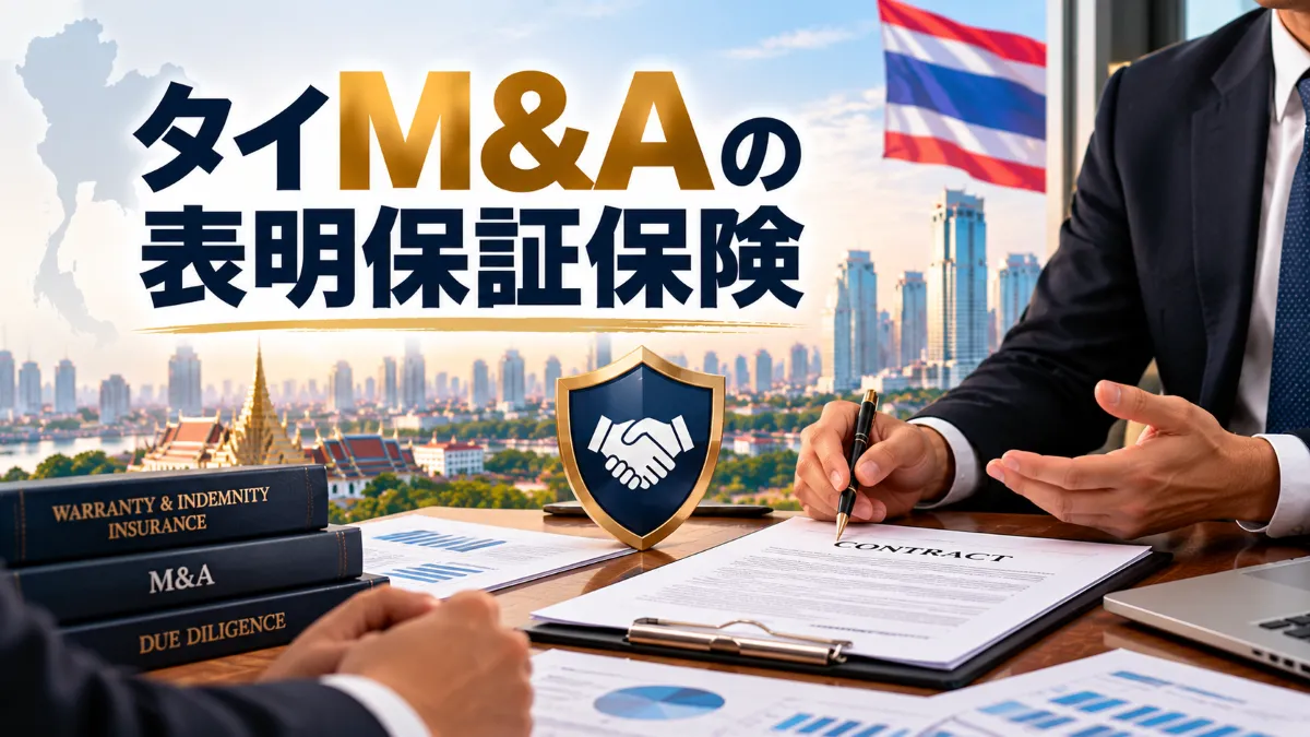 タイM&Aの表明保証保険について、契約書を確認する担当者と保護を示す盾、バンコクの街並みを描いた画像 文字をもう少し左に寄せてください