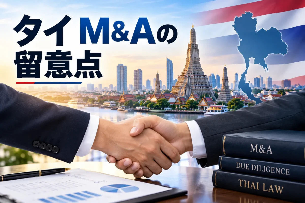 バンコクの都市景観と企業調査資料を背景に、タイM&Aの重要留意点と全体像を大きな見出しで示した画像